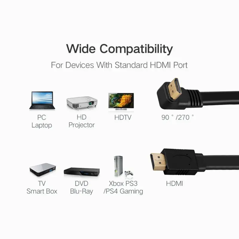 Универсальный кабель HDMI на 0 3 метра 90 / 270 градусов плоский 4K X 2K шнур для PS4