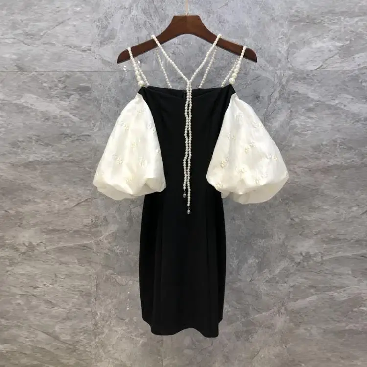 

European Station Summer 2021 Pearl Suspender Off-Shoulder Dress Women Puff Short Sleeve Bodycon Patchwork Dress Party Vestidos