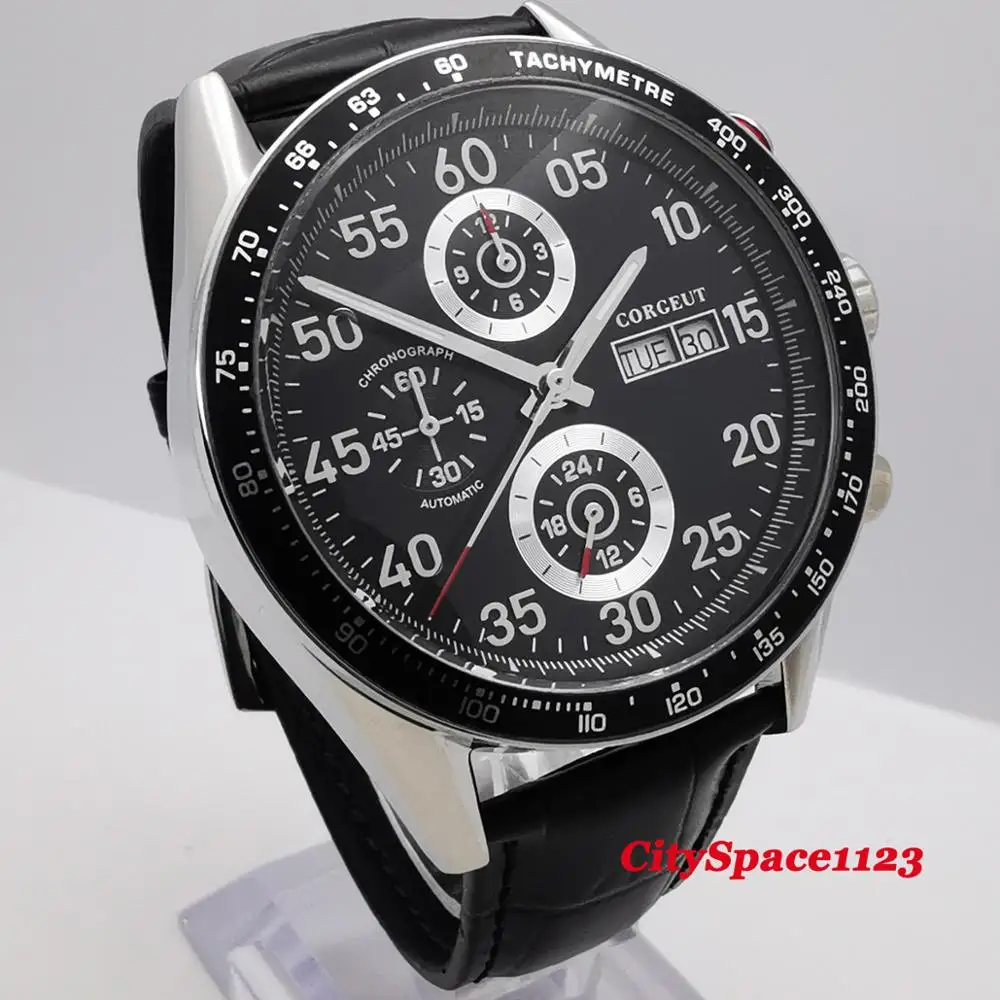 44 мм Corgeut минеральное стекло кожаный ремешок 24 часа Авто Отображение Даты Недели