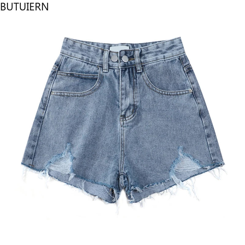 

Ripped Jean Pants Women Wide Leg Blue Shorts 2021 Summer Retro High Waist Tide Shorts Denim Pants Streetwear Y2K Ulzzang Clothes