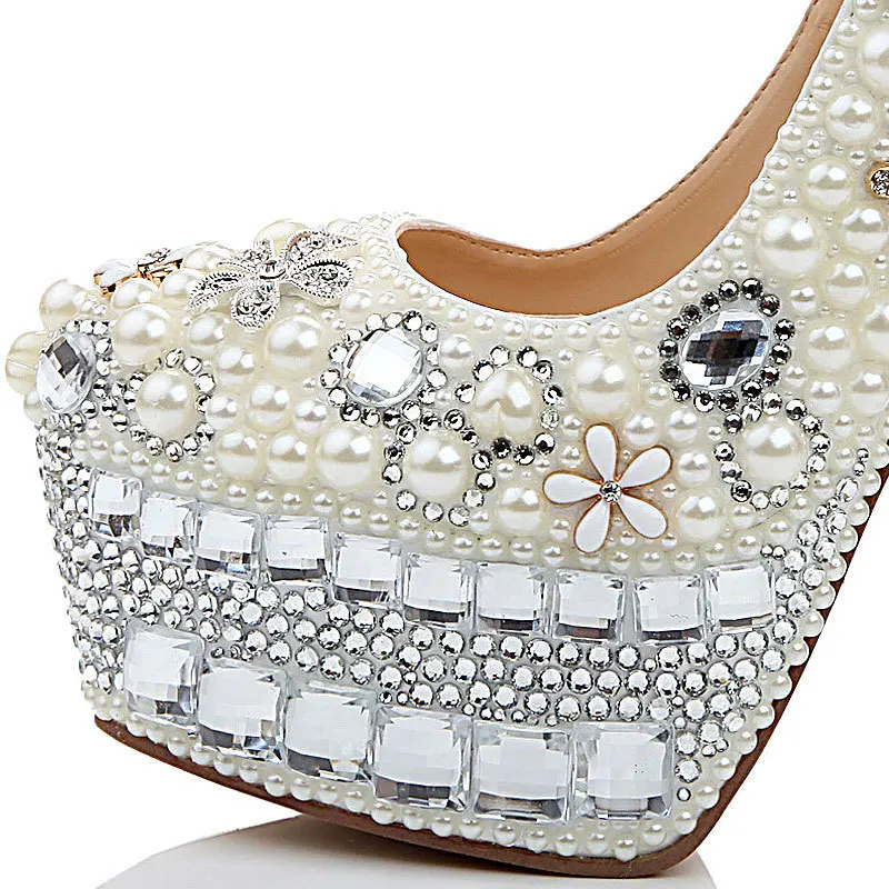 

Female Super Higher Heels New Baotou Pearl Luxury Handmade Crystal Wedding Banquet Club Sexy Fashion Women Pumps