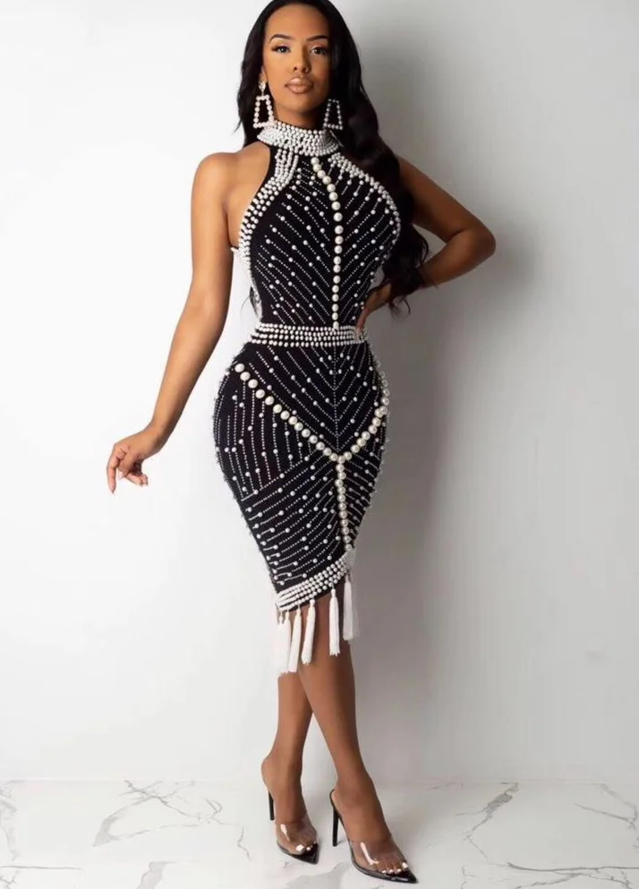 XL XXL High Quality Celebrity White Black Tassel Beading Sexy Rayon Bandage Dress Cocktail Party Dress