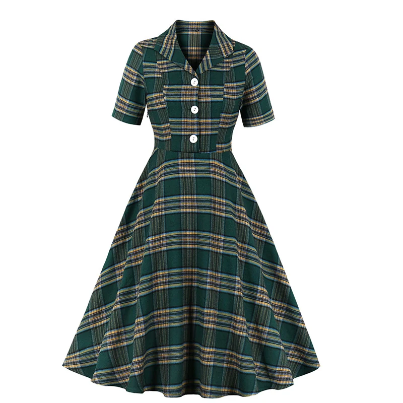 

Summer Fashion Women Elegant Green Plaid Printed Vintage Retro 50s 60s pin up Skater dress ladies vestido de festa