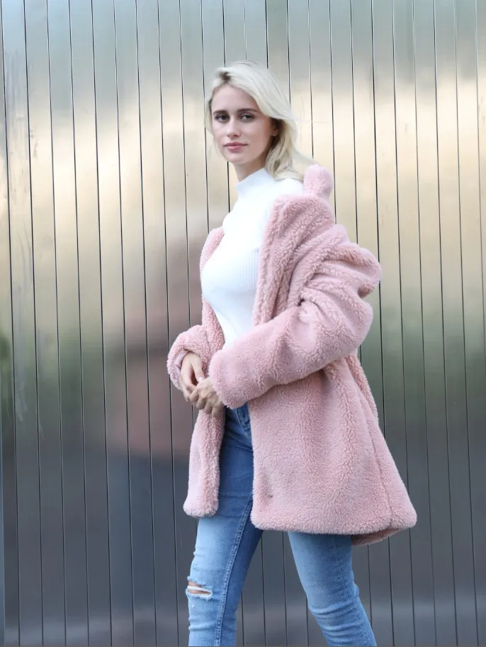 Pink Элегантные розовые лохматые женские шубы из искусственного меха уличная осенне-зимняя теплая плюшевая шуба женская плюс размер пальто оверсайз XS-4XL - Цвет: Pink