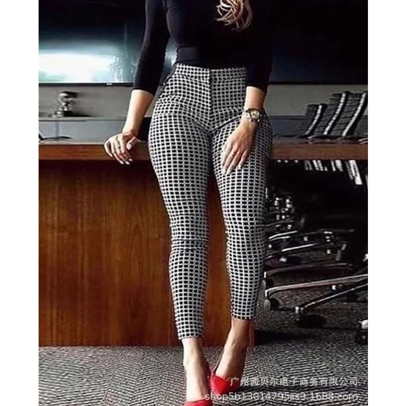 

WEPBEL Women Elegant Plaid Pencil Pants Ladies High Waist Skinny Slim Fit Long Trousers