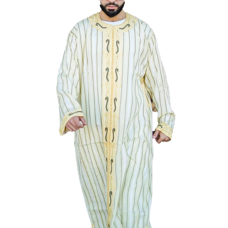 Caftan Marocain Homme Long Sleeve Yellow Loose Stand Collar Stripe Islamic Clothing Muslim Mens Robe Abaya Платье Мужское Jl019