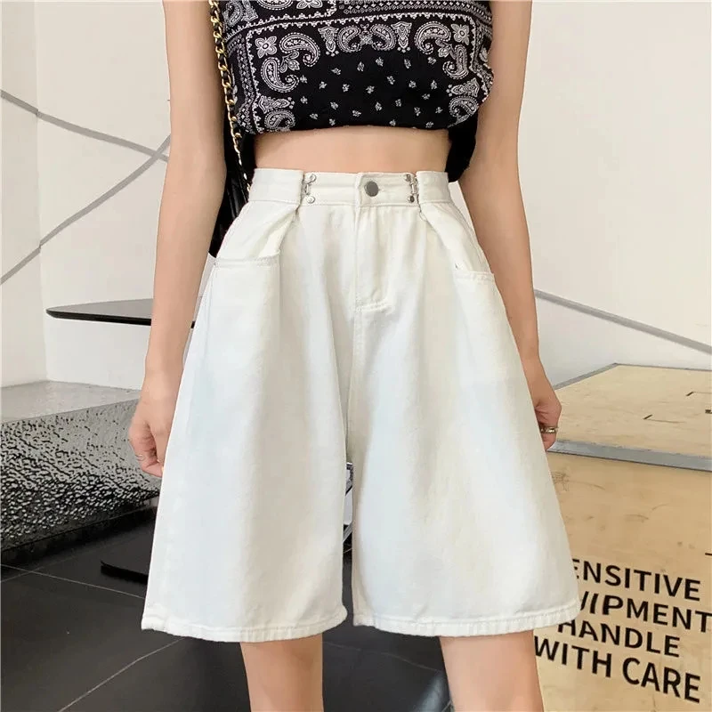 High waist slim denim pants five-point pants women's summer new thin section large size loose Korean wide-leg shorts