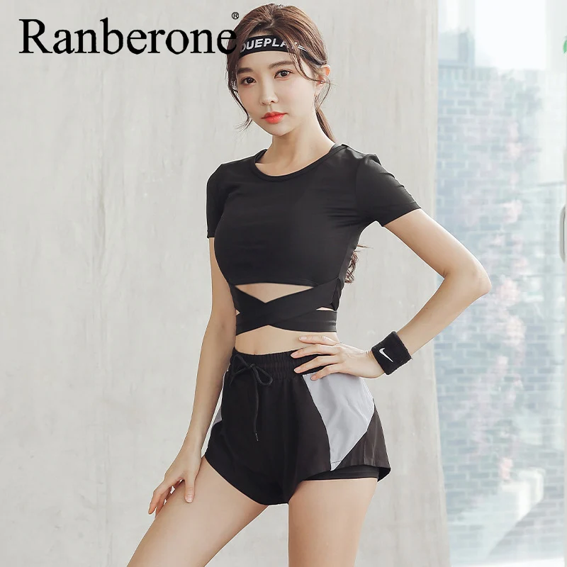 Ranberone 2 To 3 Piece Yoga Set Women Compressed Running Fitness Clothing Gym Cross Crop Top Sport Suit Workout Tracksuit 2021