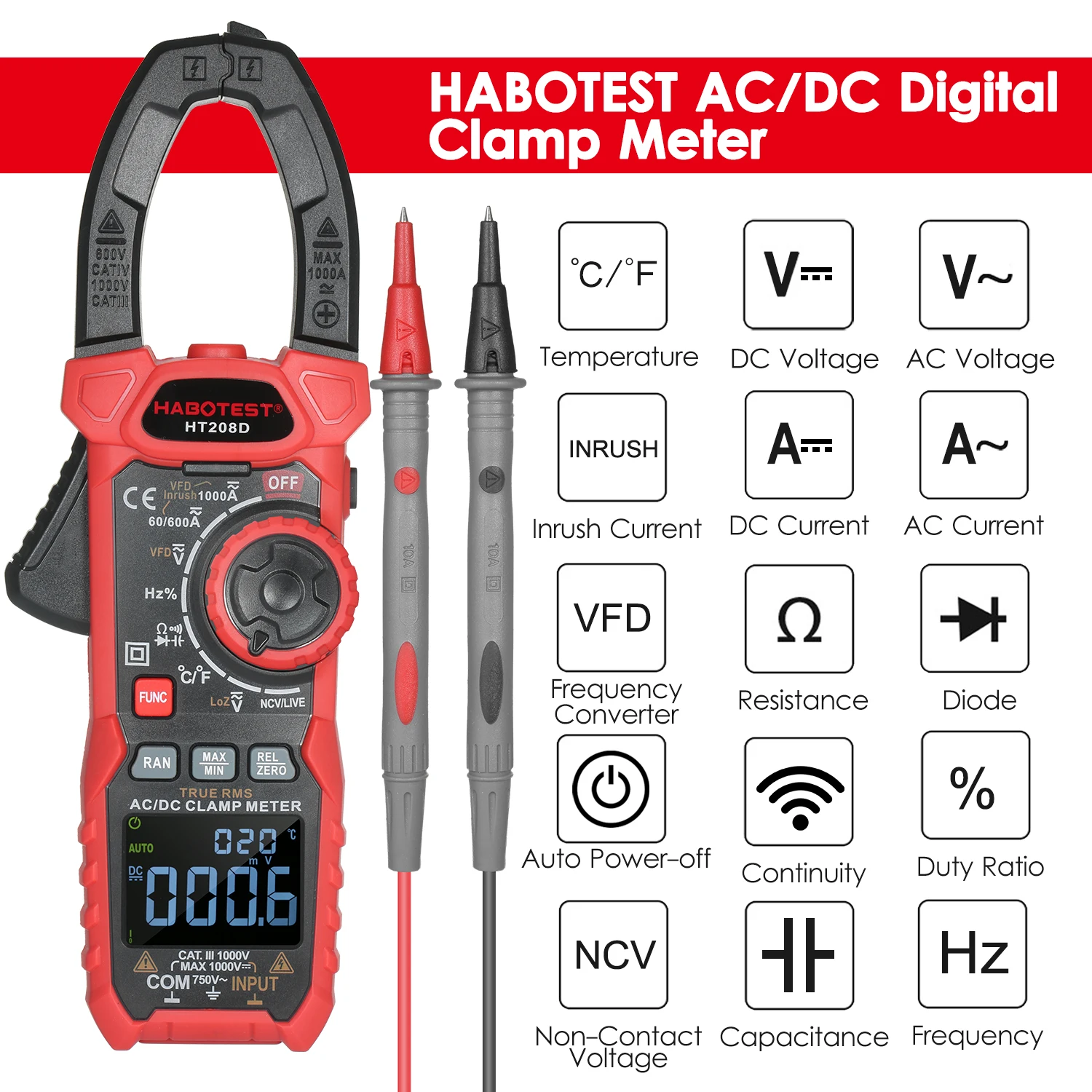 

HABOTEST HT208D AC DC Digital Clamp Meter Multimeter Pinza Amperimetrica True RMS High Precision Capacitance NCV Ohm Hz Tester