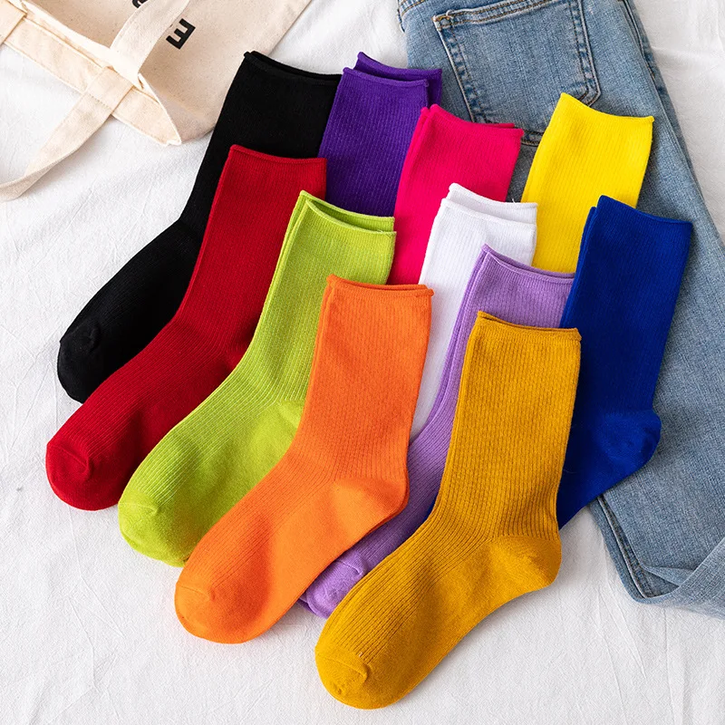 

Hot Sale Simple Womens Colorful Solid Socks Girls Candy Color Fashion Socks Spring And Autumn 100% Cotton Socks Famale Socks