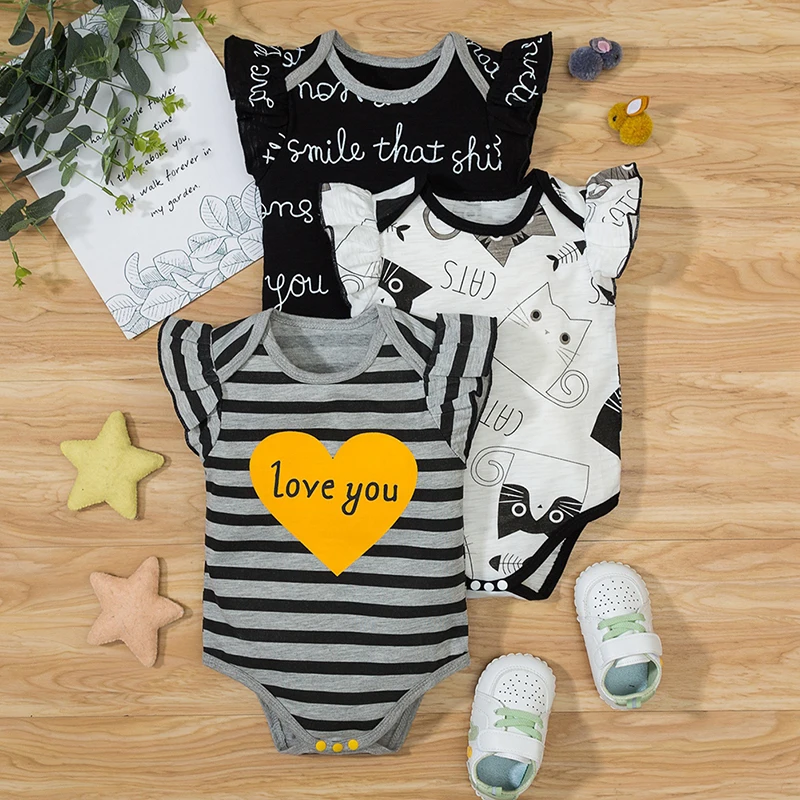 

3Pcs/Set Summer Newborn Baby Boys Girls Bodysuits Round Collar Cartoon Print One-piece Clothes Cotton Jumpsuit Outfits Clothing