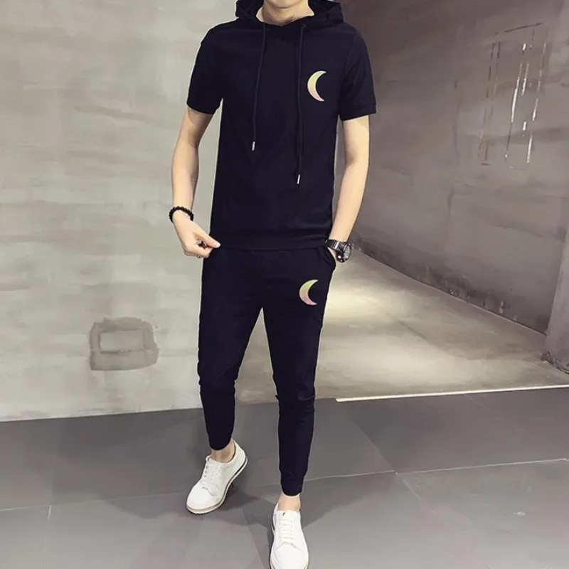 

Summer Short Sleeve T Shirts Casual Set Men Street Print Slim Pullover Hoodies T-Shirts Elastic Waist Trousers Two Piece Set