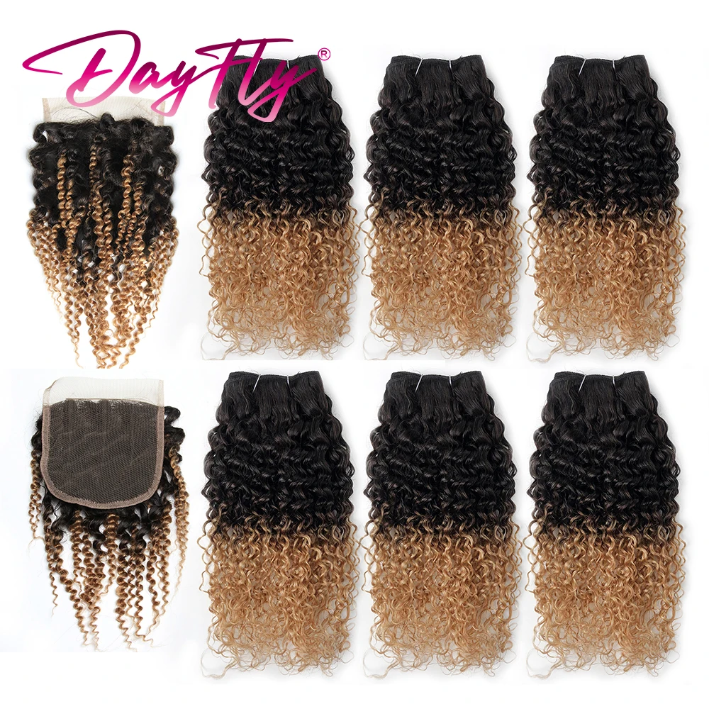 Kinky Curly Human Hair Bundles With Closure Ombre Weave Bundles 6pcs Jerry Curl Bundles With Closure Blonde Hair Extensions