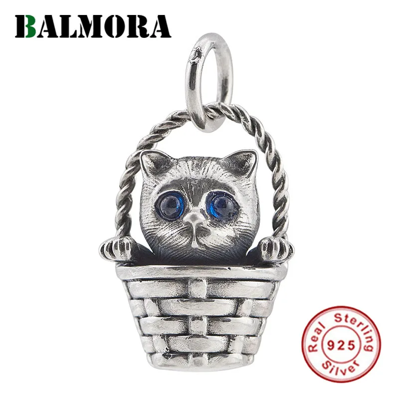 

BALMORA Original 925 Silver Cute 3D Flower Basket kitten Pendant For Women Grils Cat Animal Pendant Jewelry Gift Without Chain