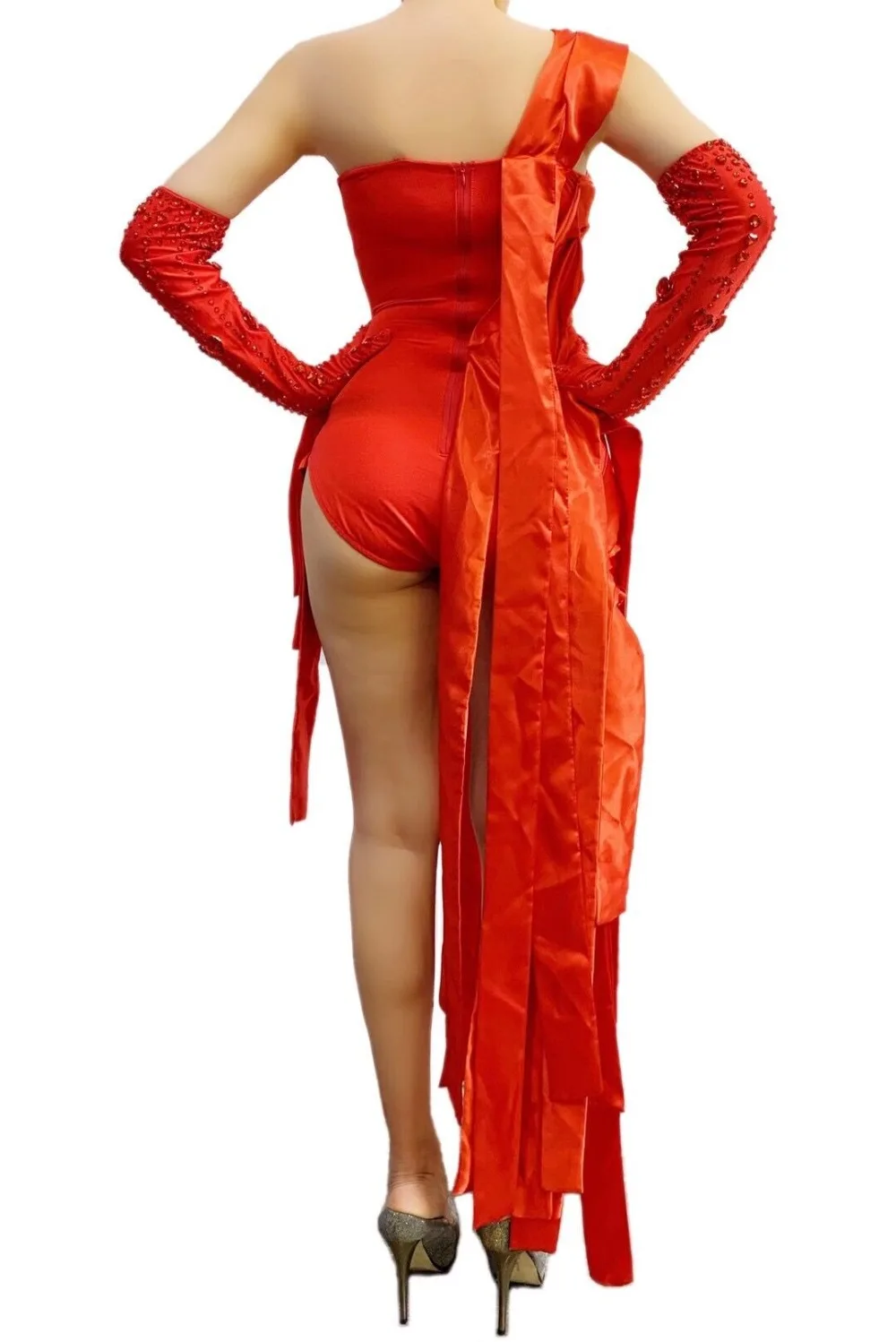 

Nightclub Bar Red outfits Stage Costume Women Rave Clothing Bar Singer Dj Ds Jazz Party dress gloves slit skirt suit DQS5715