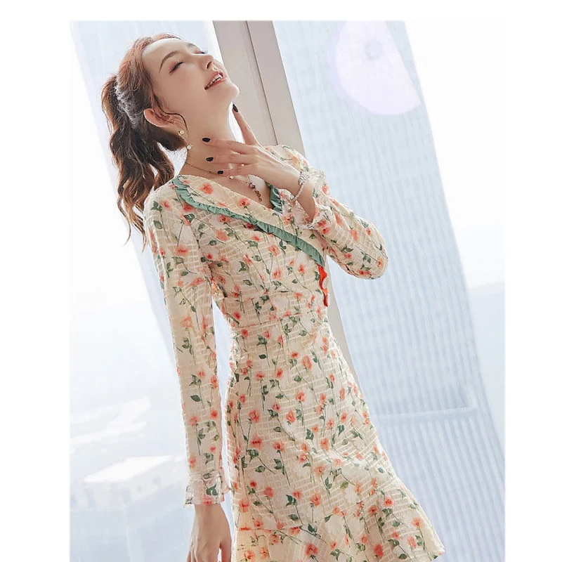 

2021 Spring Autumn Women French Elegant Long Sleeve High Waist Slim V-neck Lace Print A-Line Mermaid Short Dress Vestidos Y632