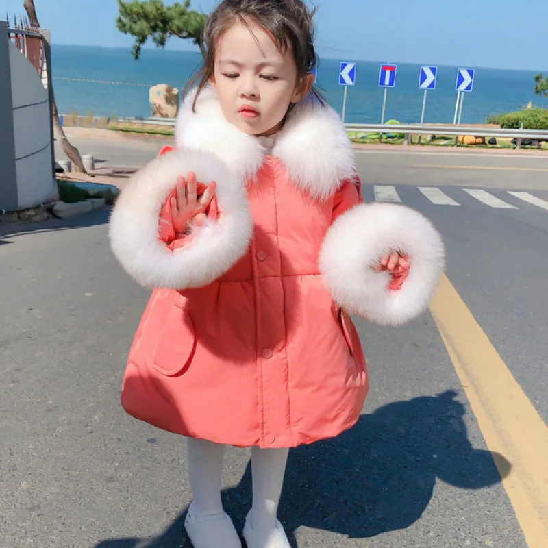 

Girls' Cotton-padded Jackets Long Sleeve Detachable Fur Collar Baby Girl Clothes Winter Coat for Baby Girl Faux Fur Padded Coats