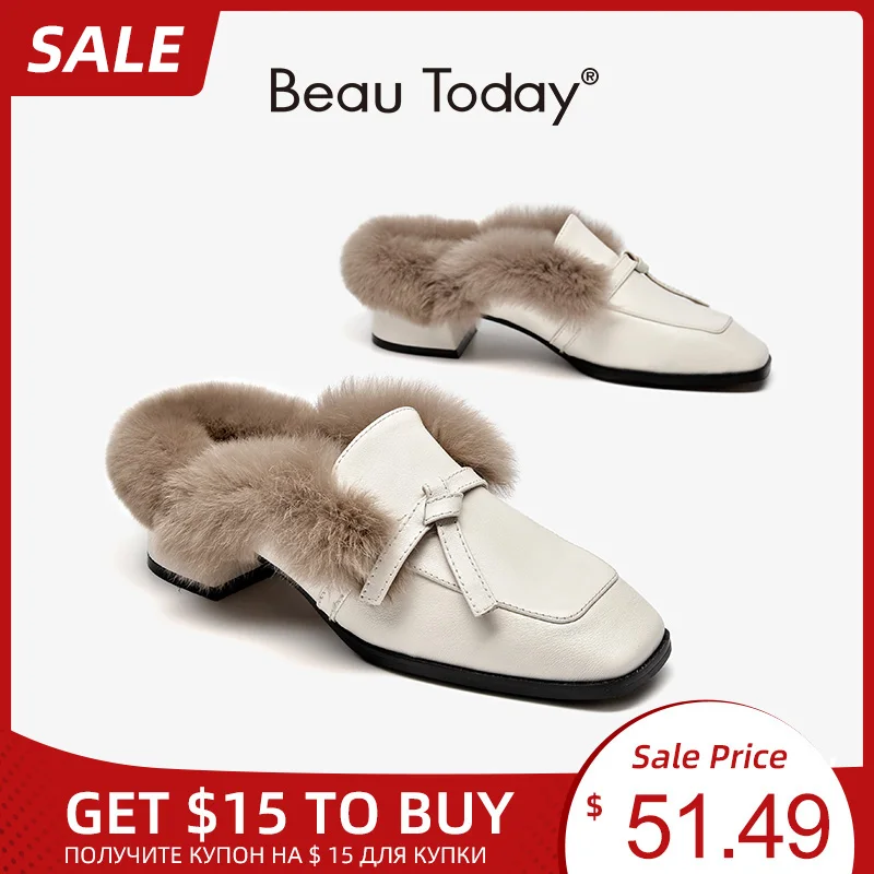BeauToday/женские мюли из коровьей кожи с кроличьим мехом Слипоны квадратным носком