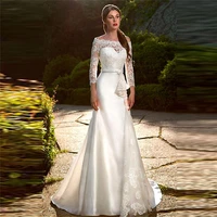 luojo mermaid wedding dress vintage elegant satin with ribbon boat neck 34 long sleeves lace bridal gowns trumpet bride dress