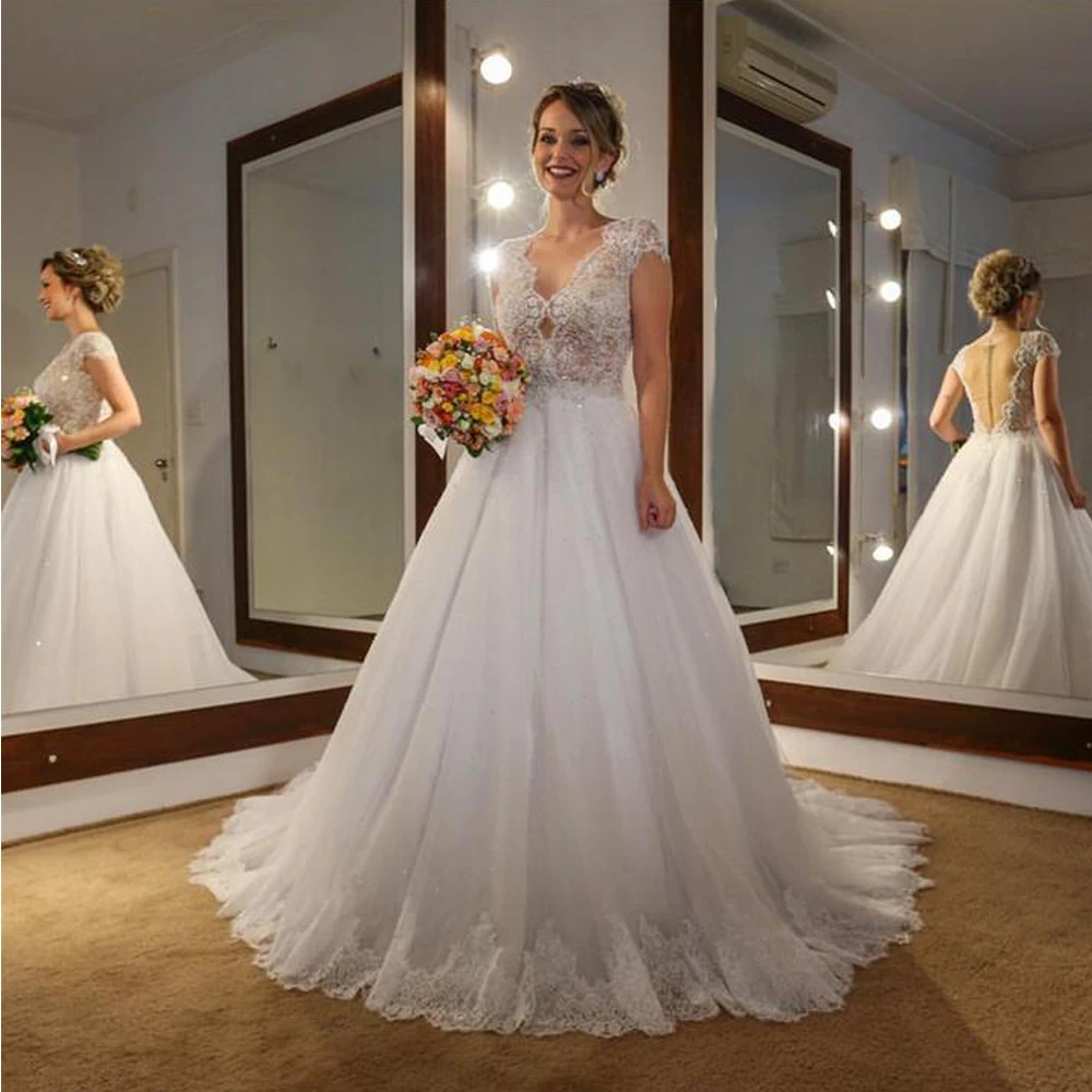 

On Zhu Elegant A-Line V Neck Wedding Dresses 2023 Lace Appliques свадебное платье Capsleeve Plus Size vestidos de novia Bride