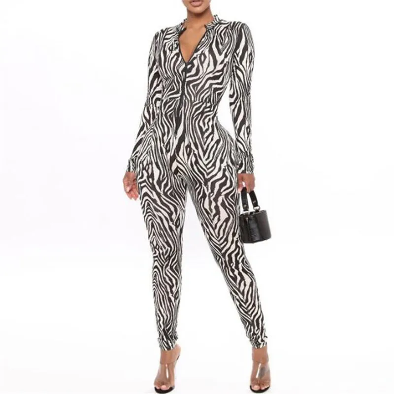 

Women Zebra-striped Jumpsuit Autumn Winter Long Sleeve Round Neck Skinny Romper Casual Ladies Slim Fit Jumpsuit Female Body Tops