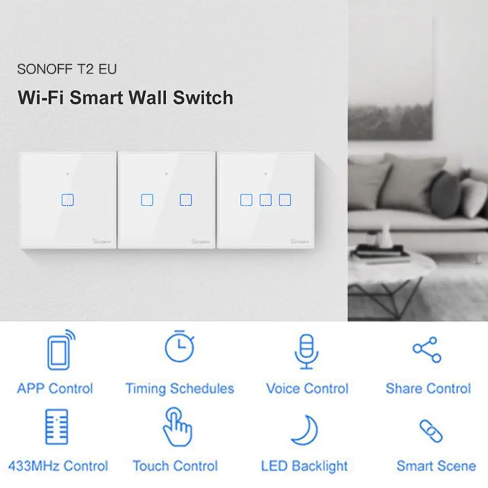 

SONOFF Smart Wifi Touch Wall Light Switch With Border TX T2 Smart Home Gang 433 RF/Voice Control Works With Alexa Led Switch