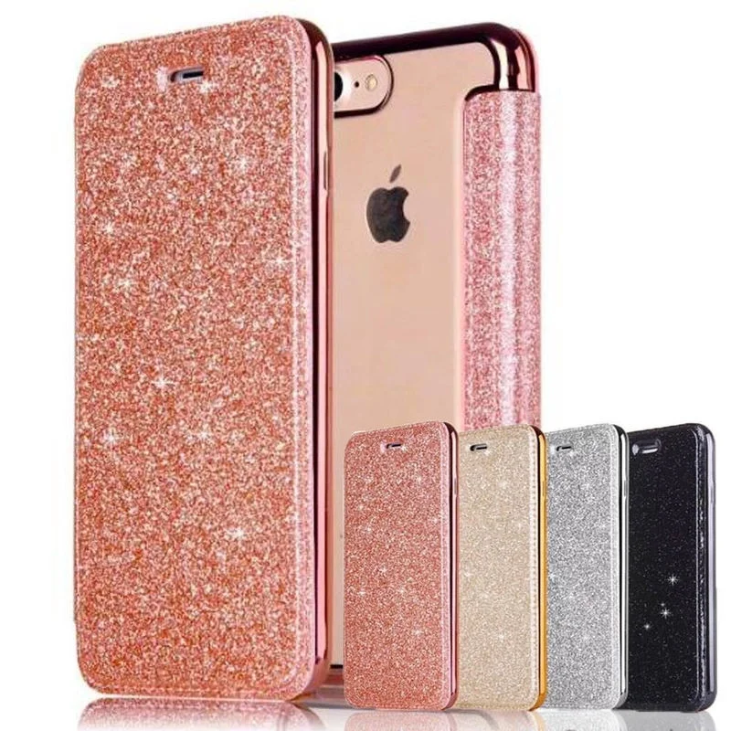 

Bling Glitter Case For iPhone 13 12 Pro Max 11 XS Max XR X 8 7 Plus 6 6s Plus 5 5S Leather Flip Wallet Clear Back Soft TPU Cover