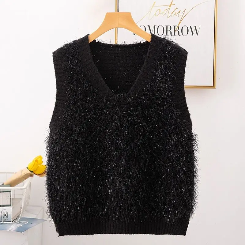 

Черный Пушистый Плюшевый вязаный свитер без рукавов с V-образным вырезом в Корейском стиле для женщин и девушек на весну и осень