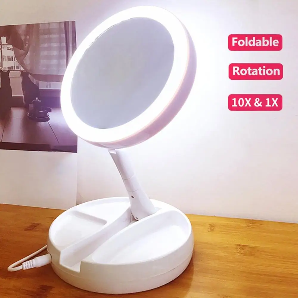 Светодиодный складной зеркало для макияжа с подсветкой, 360 градусов, 10X увеличительное зеркало с подсветкой, косметическое зеркало для макияжа с подсветкой, складное зеркало