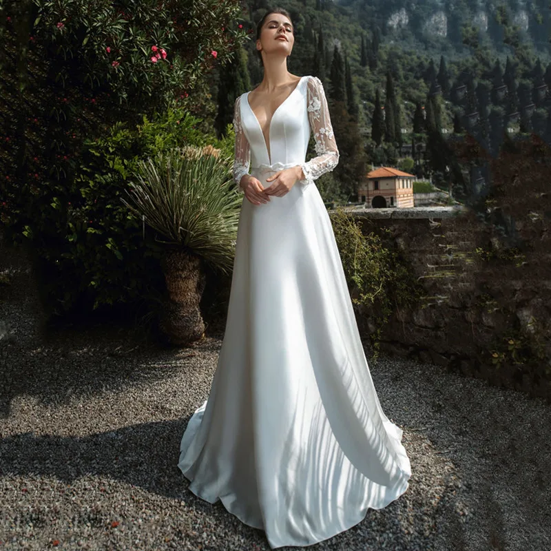 

Elegant A Line Long Sleeve Wedding Dresses Deep V Neck Backless 2021 White Dress For Women Satin Vestidos De Noiva Custom Made
