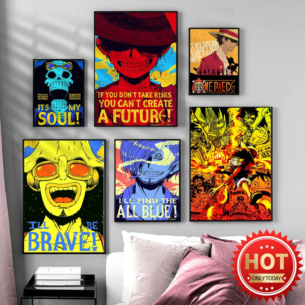 

Japanese One Piece Anime Poster, Luffy Zoro Sanji Brook Usopp Wall Stickers, Anime Role Poster, Kids Room Decor, Vintage Art