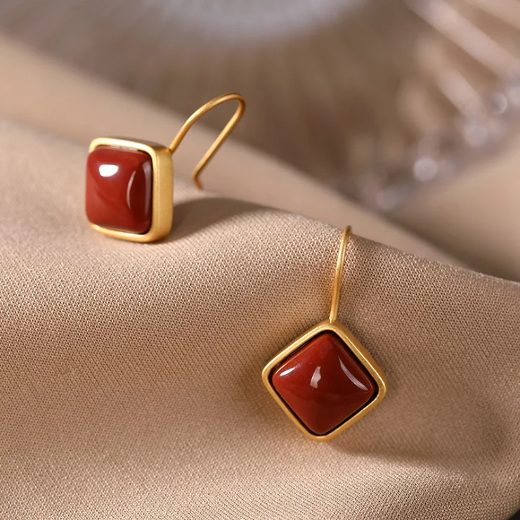 

S925 Silver Inlaid South Red Geometric Ear Hook Women's Natural Agate Stone Square Earrings Simple Graceful Earrings Eardrops