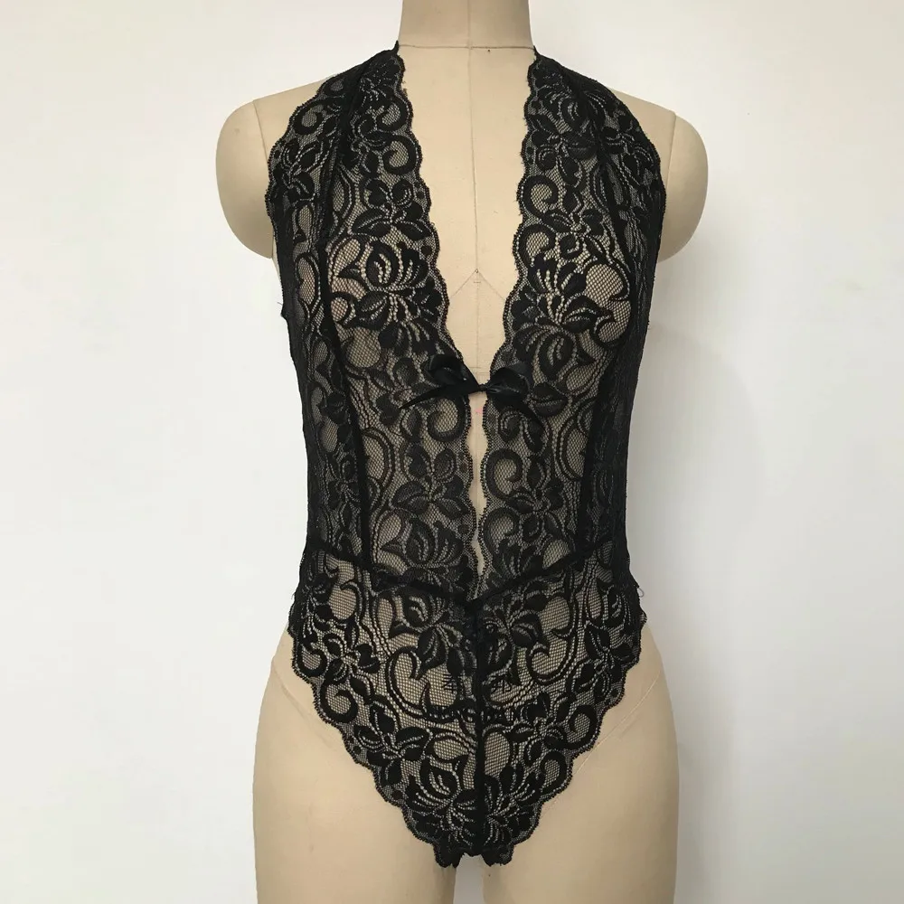 

Women sexy Bodysuits One Piece Backless Lingerie Lace V Neck Halter Babydoll women sexy erotic lingerie ropa interior sexy @7