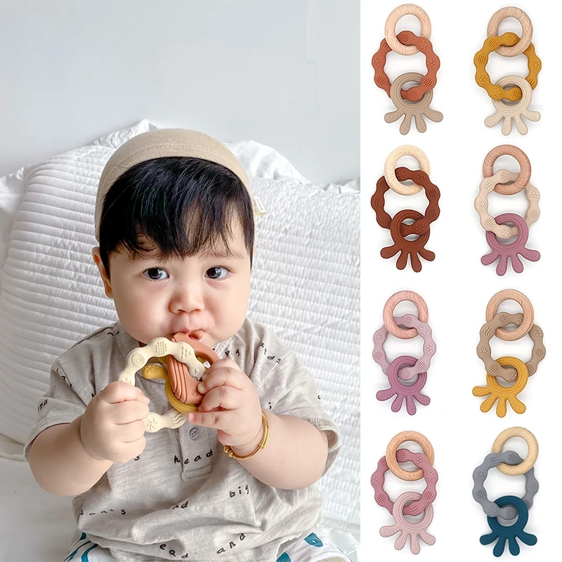 

Прорезыватель для зубов для новорожденных, безопасный, из пищевого силикона, деревянное кольцо, Прорезыватель для зубов, детская тактильна...