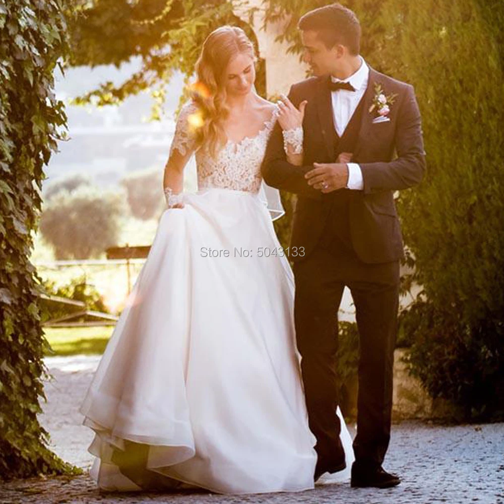 Романтические кружевные аппликации с длинным рукавом свадебные платья 2020 V