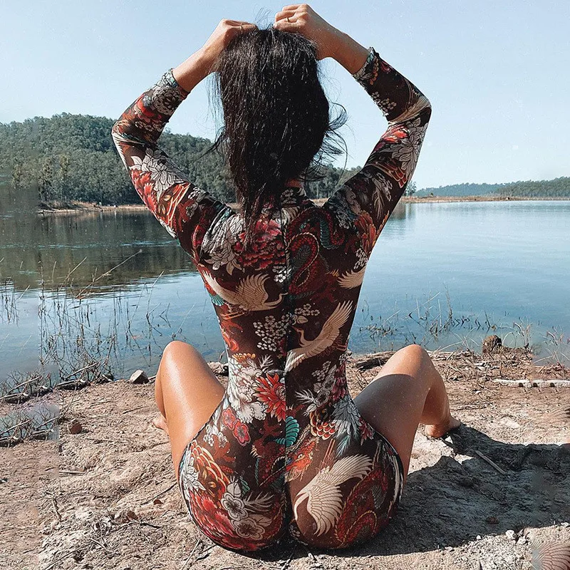 Autumn Winter Women 2020 High Street Long Sleeve Printed Playsuit Sexy See Through Mesh Bodycon Club Jumpsuit Romper Streetwear