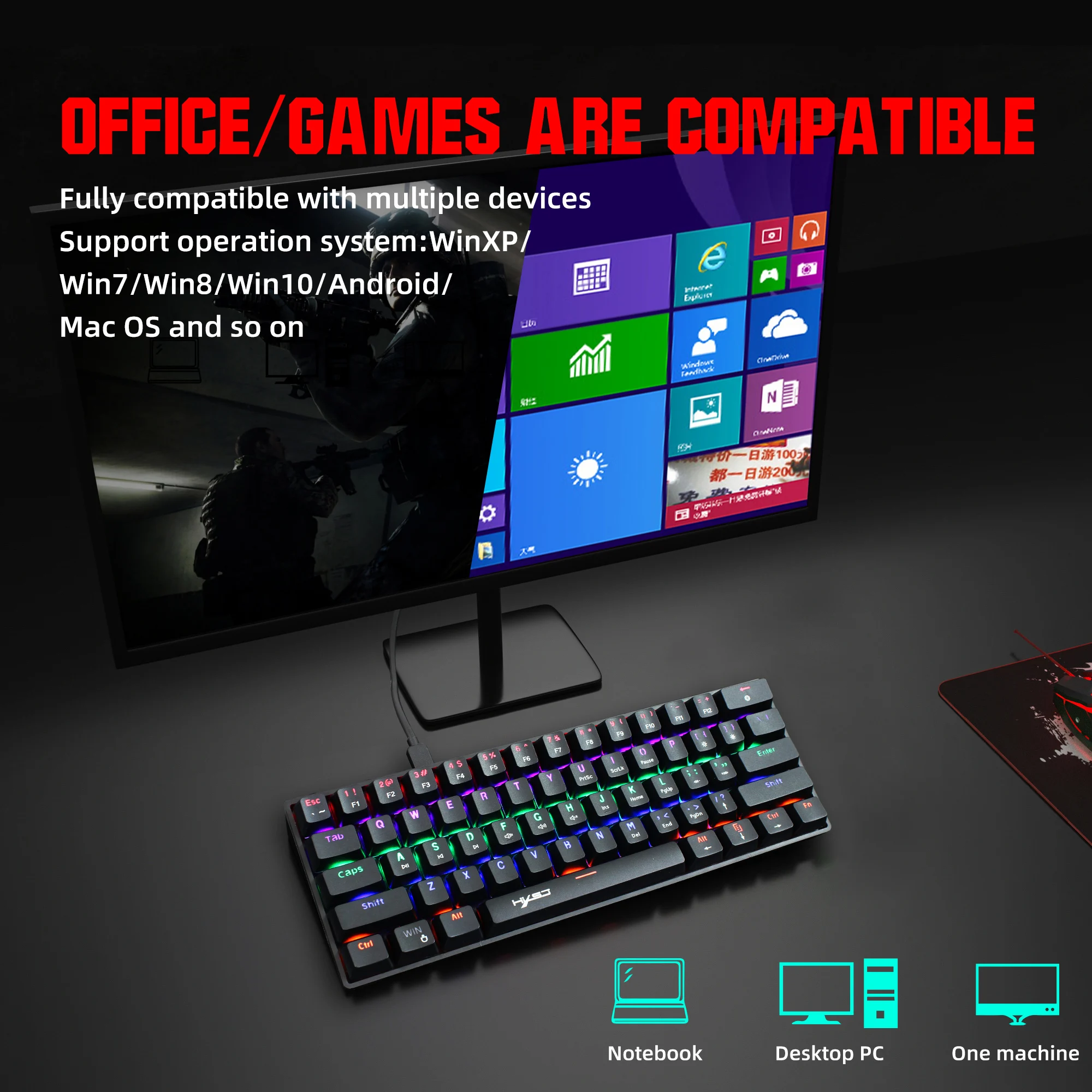 Мини-клавиатура игровая Механическая с RGB-подсветкой 61 клавиша | Компьютеры и