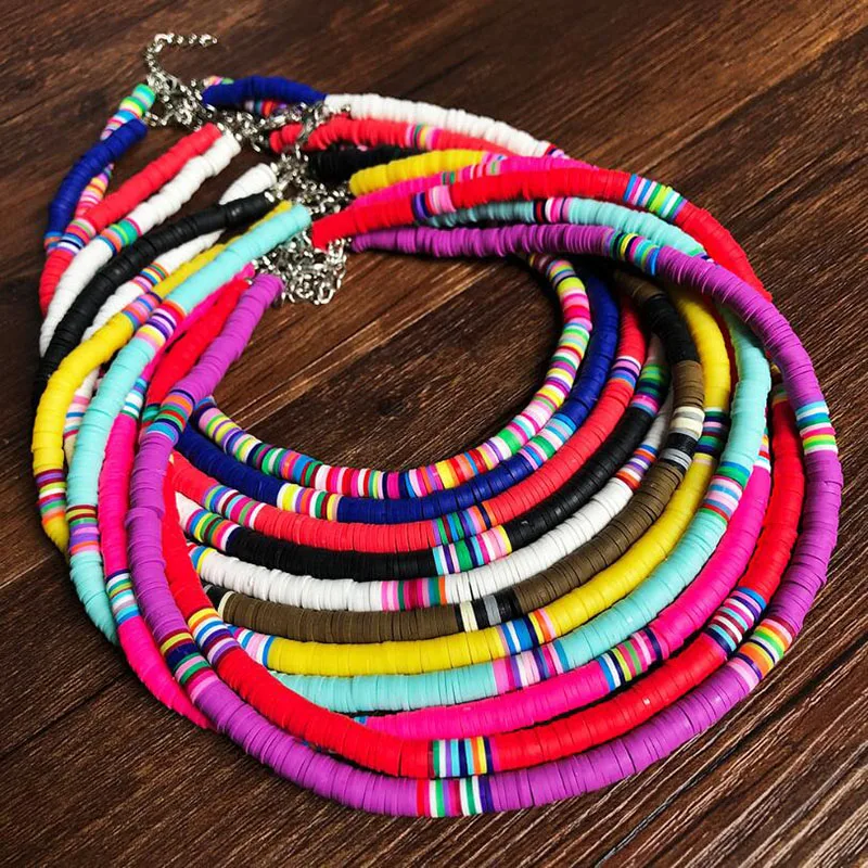 Beach Heishi Beads Collar Necklaces Rainbow Striped Polymer Clay Strand Surfer Necklace Choker For Girl | Украшения и аксессуары