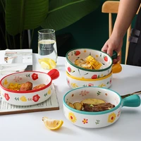 painted ceramic handle bowl fruit salad breakfast bowl creative household color round dessert snack plate restaurant tableware