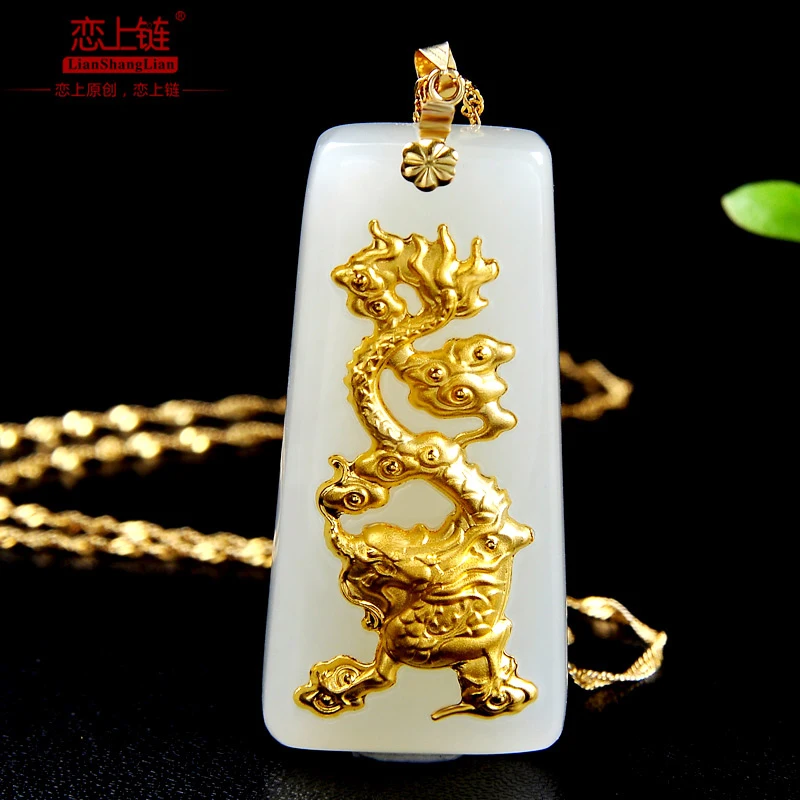 Real handcarved white jade pendant inlaid 999 gold dragon phoenix pendants jadeite jade jewelry jade necklace women for lovers