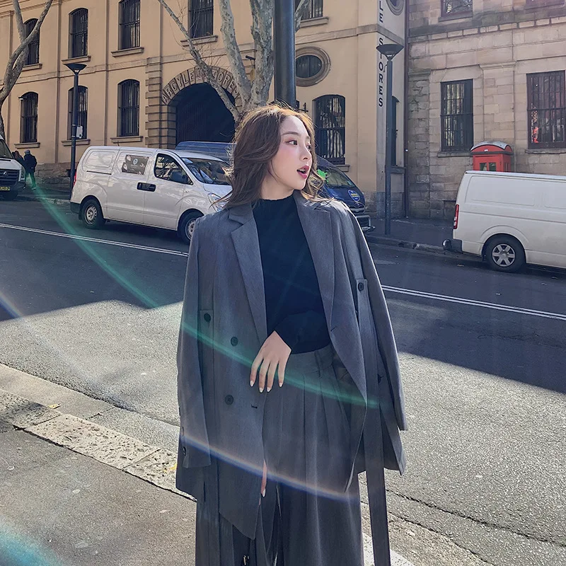

21 spring and autum blazer + pant two peice set women double breasted suit jacket wide-legged pants long-sleeve pant suits