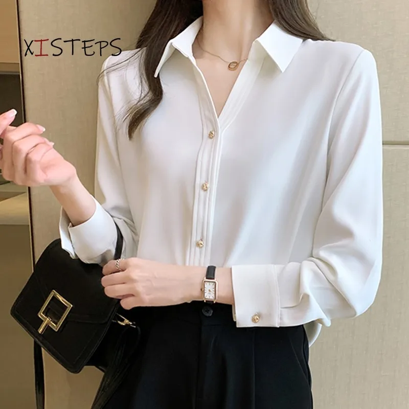 Metal Button Women Satin Blouses Shirts 2021 Office Lady Tops High Quality Elegant White Suit Shirts Long Sleeve Blusas Feminina