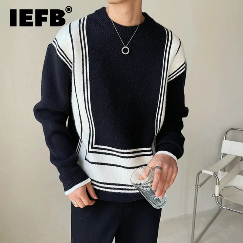 

IEFB Autumn Winter Men's Casual Geometry Pattern Pullover Sweater Round Neck Long Sleeve Loose Knitting Tops Koran Chic 9D1661