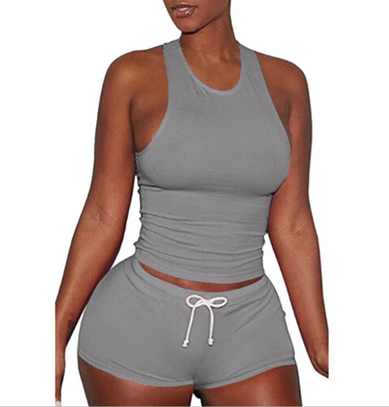 

Women Summer Sets Tanks Hot Shorts Sets O Neck Sleeveless Casual Crop Top Fashion Lace Up Solid Color Female