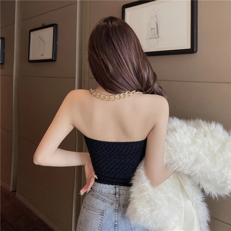

Love Aing Sexy Chain Hanging Neck Design Short Brushed Camisole Women's Summer 2021 New Fashion Bodycon Top