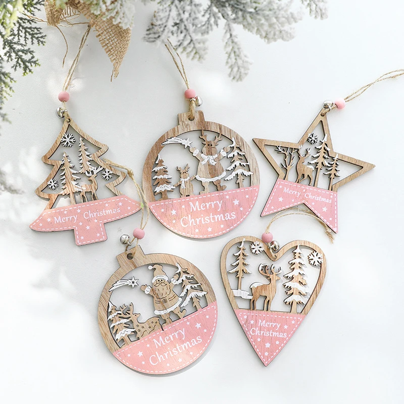 

2021 New Year 1Pc Pink Christmas Ornament Wooden Hanging Pendants Star Xmas Tree Love Santa Claus Christmas Decorations
