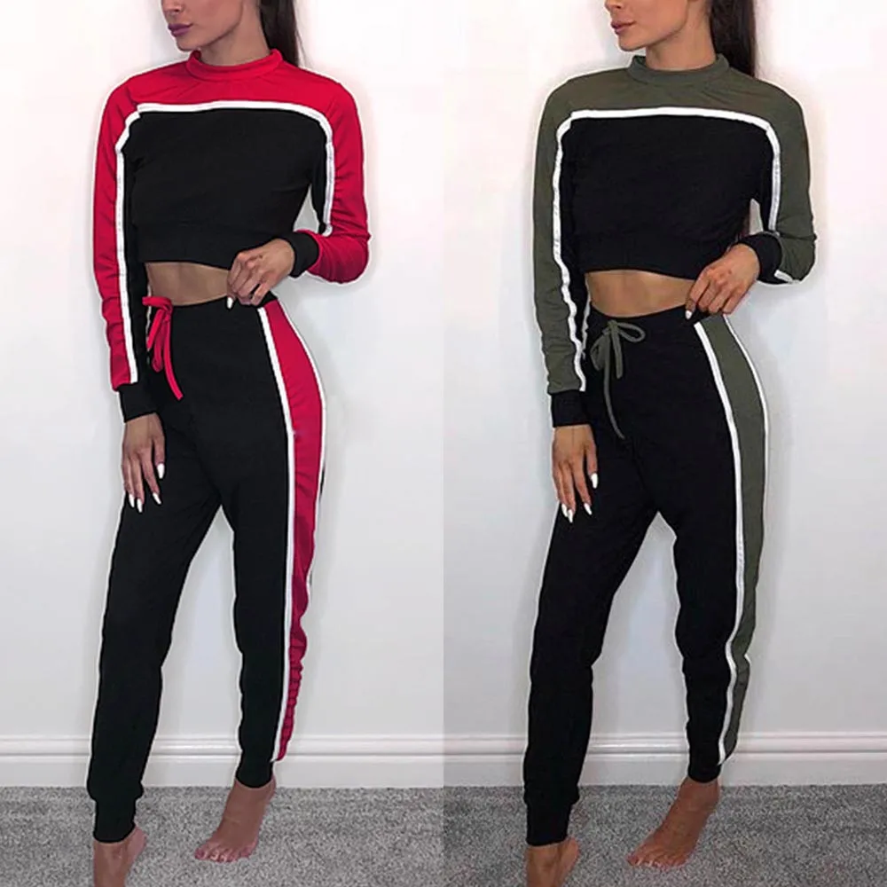 

Donsignet Women's Sets New Fashion Round Neck Pullover Short Color Contrast Long-sleeved Trousers Sports Two-piece Suit Regular