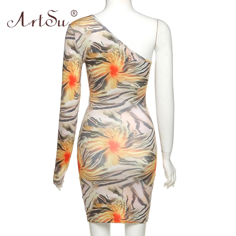 

ArtSu One Shoulder Cut Out Hole Aesthetic Print Bodycon Dress Women Sexy Bandage Mini Clubwear Female Long Sleeve Autumn Dress