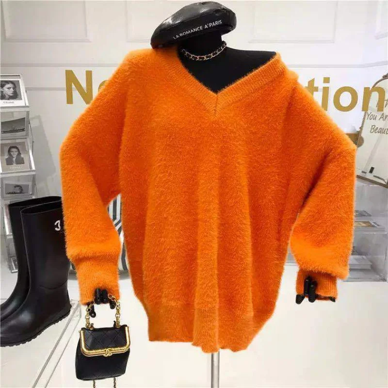 

Autumn and winter new loose and thin, lazy wind, large size knitted pullover coat, mink velvet sweater, female trend