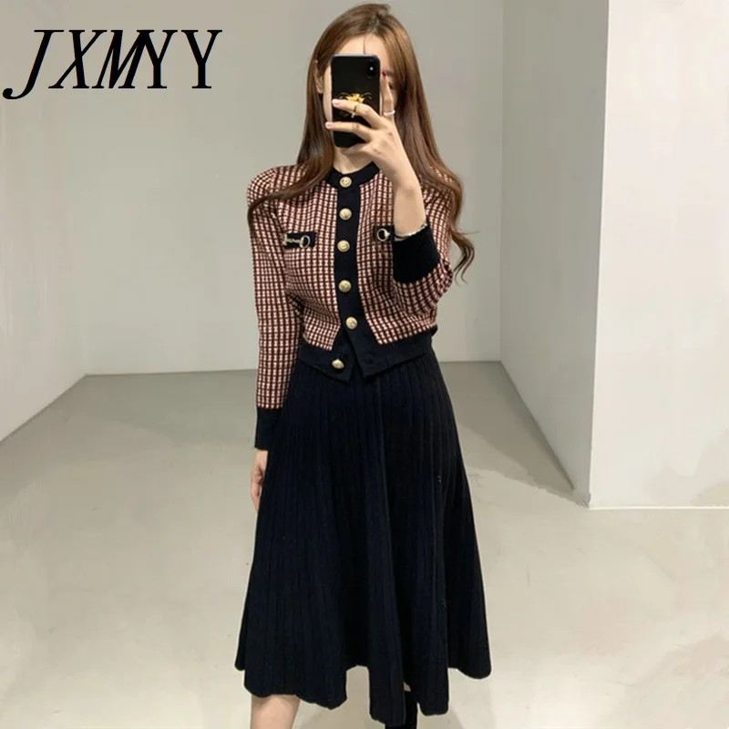 

JXMYY French Small Fragrance Pattern Short Cardigan Sweater Women Autumn And Winter Long Knitted Black Pleated Skirt Suit